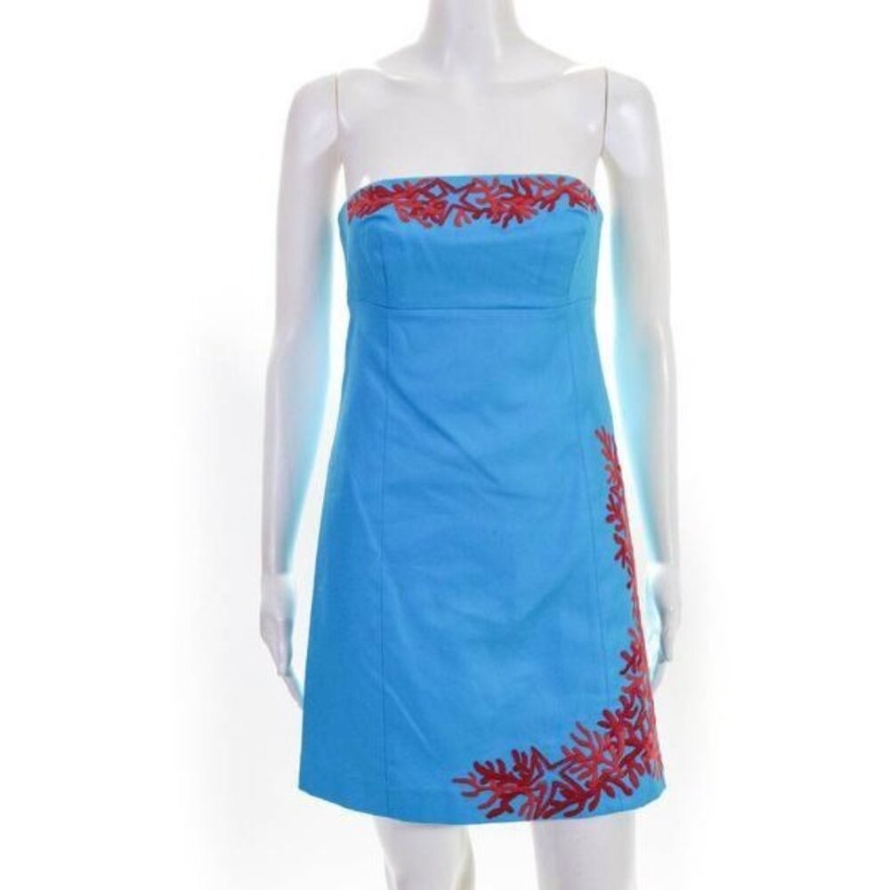 Lilly Pulitzer Turquoise Coral and Starfish Bowen Strapless Sheath Dress sz 4